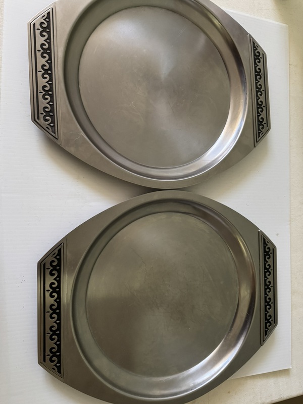 Set of 2 International Silver Pewter Holloware Stainless Steel Serving Treys 14.5” X 12”