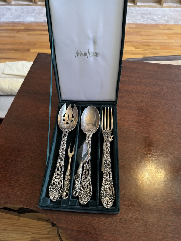 Vintage Neiman Marcus Godinger Silverplate Three-piece Serving Set in grape and vine design in the original case