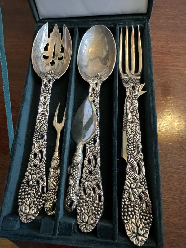 Vintage Neiman Marcus Godinger Silverplate Three-piece Serving Set in grape and vine design in the original case