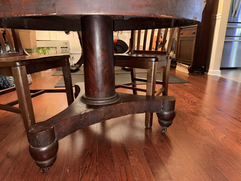 Vintage Round Pedestal Table with 3 Solid Wood Slat Back Chairs