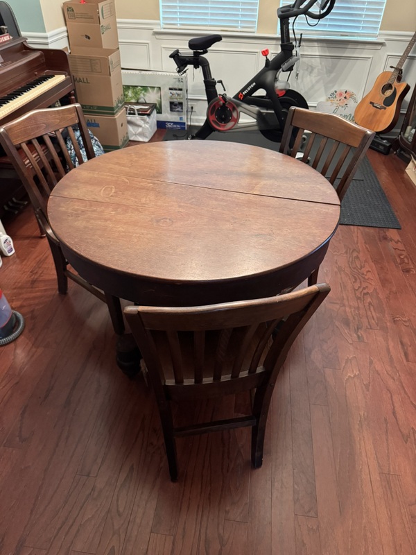 Vintage Round Pedestal Table with 3 Solid Wood Slat Back Chairs
