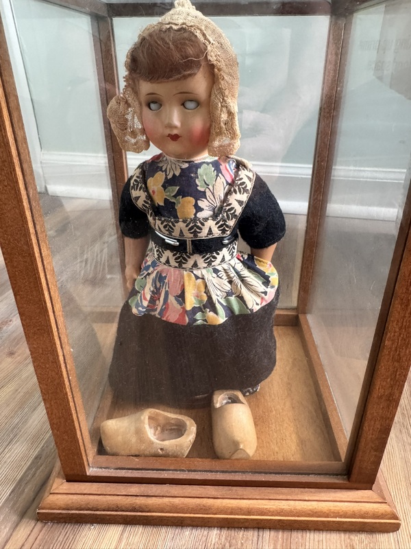 Antique Dutch Bisque Head Glass Eyes with Ethnic Costume in Glass Case