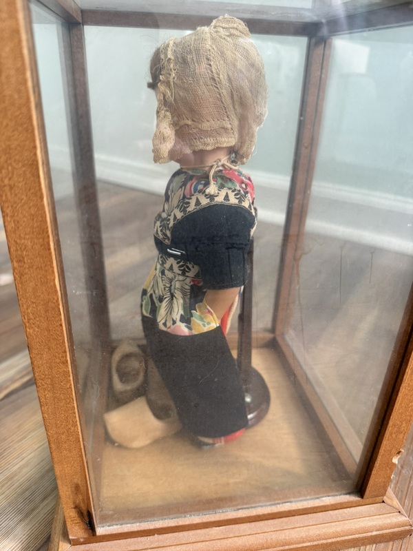 Antique Dutch Bisque Head Glass Eyes with Ethnic Costume in Glass Case