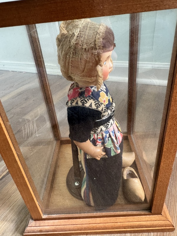 Antique Dutch Bisque Head Glass Eyes with Ethnic Costume in Glass Case