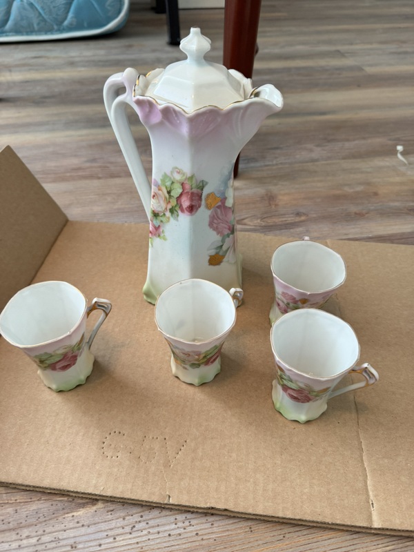 Vintage Hot Chocolate / Coffee Pitcher with lid, Cups and Platters