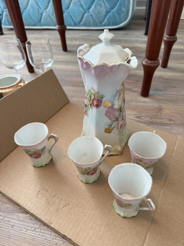 Vintage Hot Chocolate / Coffee Pitcher with lid, Cups and Platters